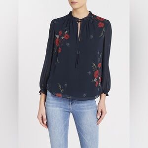 Joie Rafaella Silk Blouse Midnight Poppy Floral Print XS